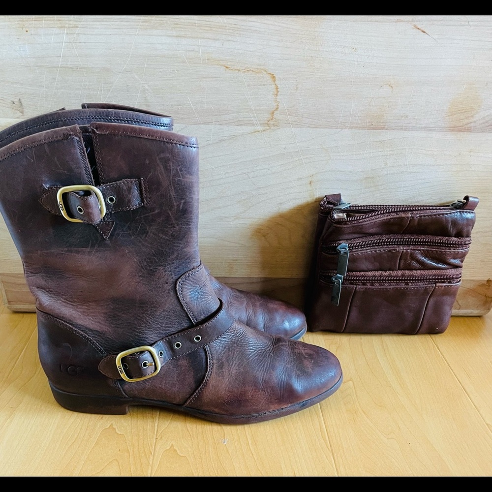 UGG Frances Distressed Brown Leather DBL Buckle Ankle CG Boots Wide Calf 8-8.5 - Picture 4 of 10